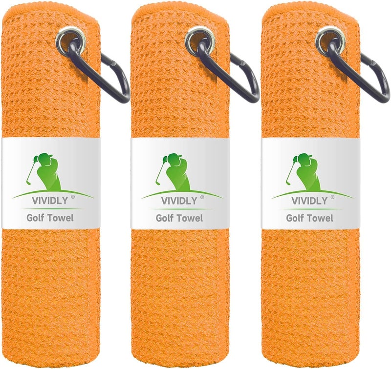 VIVIDLY 3 Pack Golf Towels (16" X 16"), Microfiber Waffle Pattern Golf Towel with Carabiner Clip, Suitable for Men's Golf Gifts (Orange) - Image 1